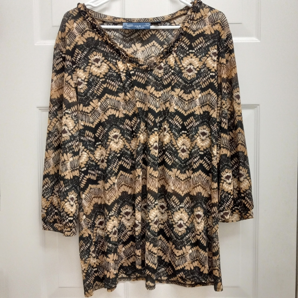 Susan Graver Tunic Top XL Embellished V-Neck Long Sleeve Boho Festival Resort